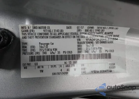 2017 Ford Focus Se z USA, uszkodzony, nr VIN 1FADP3K20HL311554